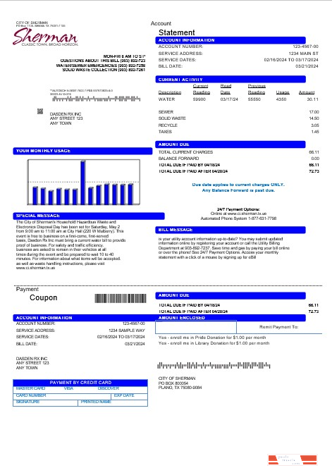 USA City of Sherman business utility bill template in Word and PDF formats